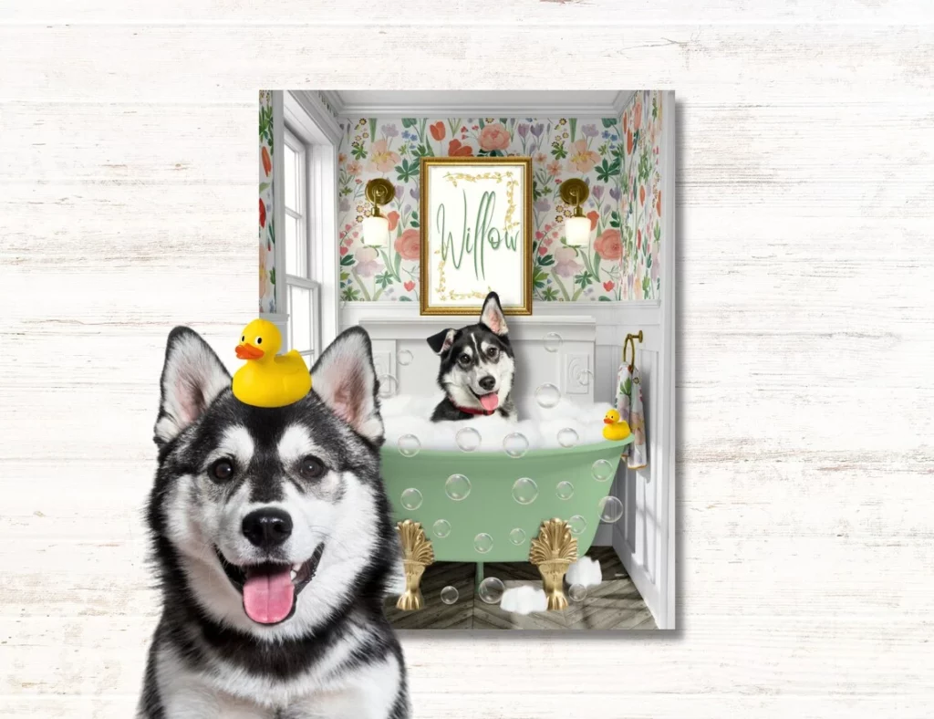 custom pet portrait in the bathtub for gifts