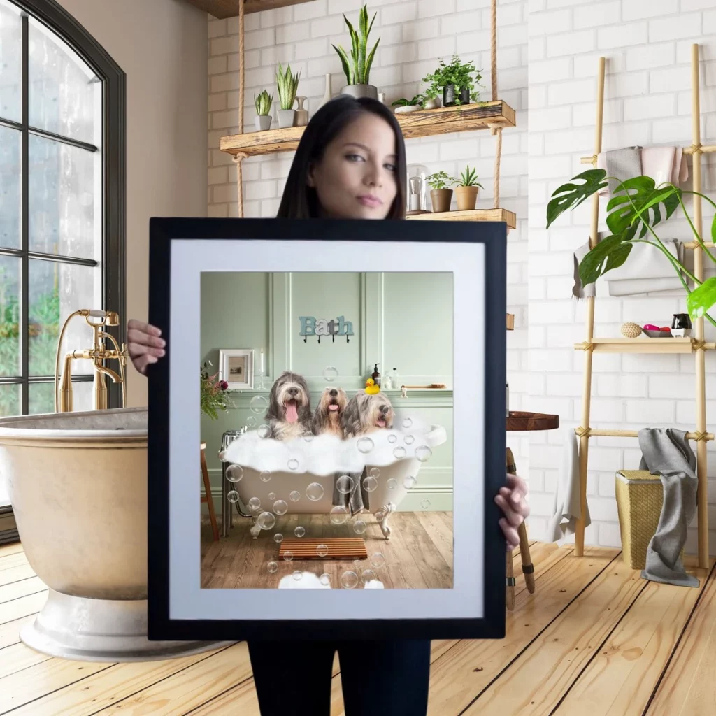 custom pet portrait o three sweet dogs in bathroom gift