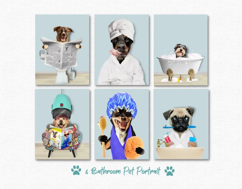 Custom pet portrait in the bathroom. Digital design perfect for a gift.