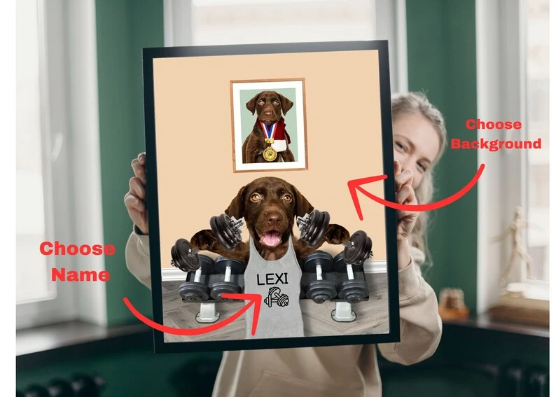 Custom Pet Portraits in the Gym Funny Dog or Cat Portrait Pet in Crossfit Dog in Gym Personalized pet gift dumbbles Mother's day gift