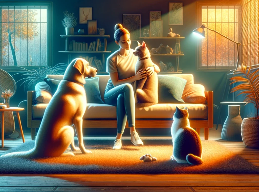 A-depiction-of-a-human-dog-and-cat-sitting-together-in-a-cozy-home-environment-illustrating-the-enriched-human-animal-bond-through-scientific-under