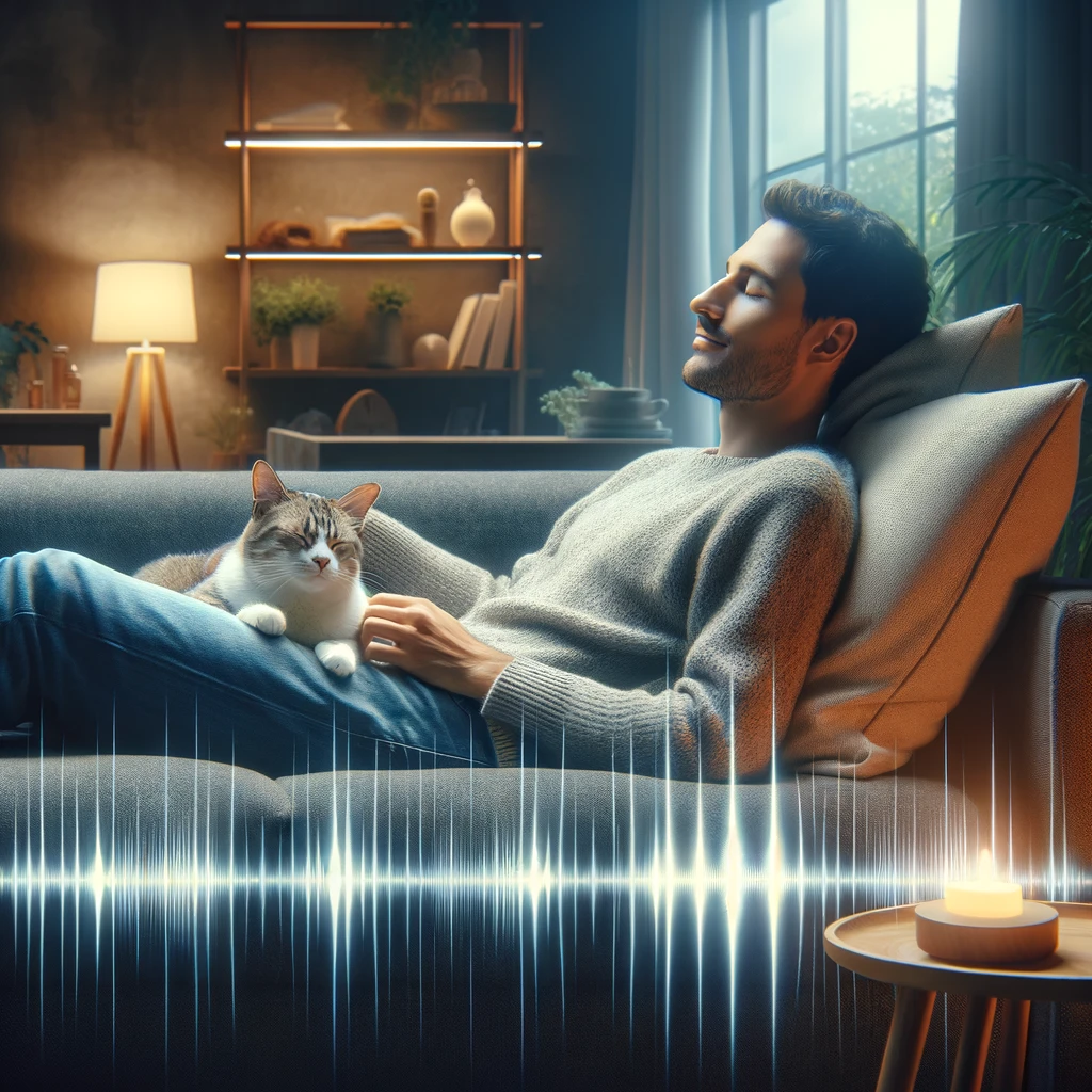 A serene living room scene where a person is sitting on a comfortable couch, relaxed, with a calm cat purring on their lap.