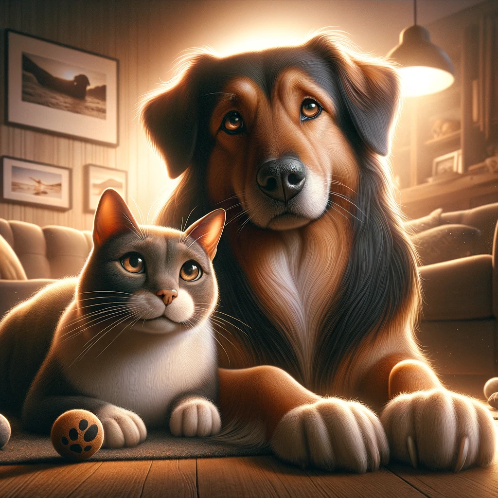 A-digital-portrait-of-a-dog-and-a-cat-together-showing-a-deep-emotional-connection-between-them.-The-scene-is-set-in-a-warm-cozy-indoor-environment