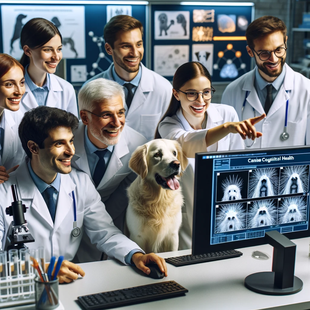 A-team-of-scientists-in-a-modern-laboratory-wearing-lab-coats-are-gathered-around-a-computer-screen-displaying-complex-data-on-canine-cognitive-hea
