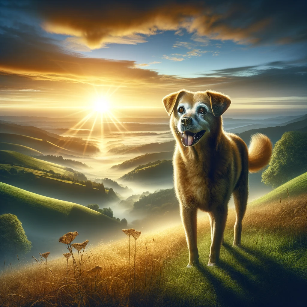 A-serene-sunrise-over-a-picturesque-landscape-symbolizing-a-new-horizon-for-aging-dogs.-In-the-foreground-an-older-dog-with-a-bright-alert