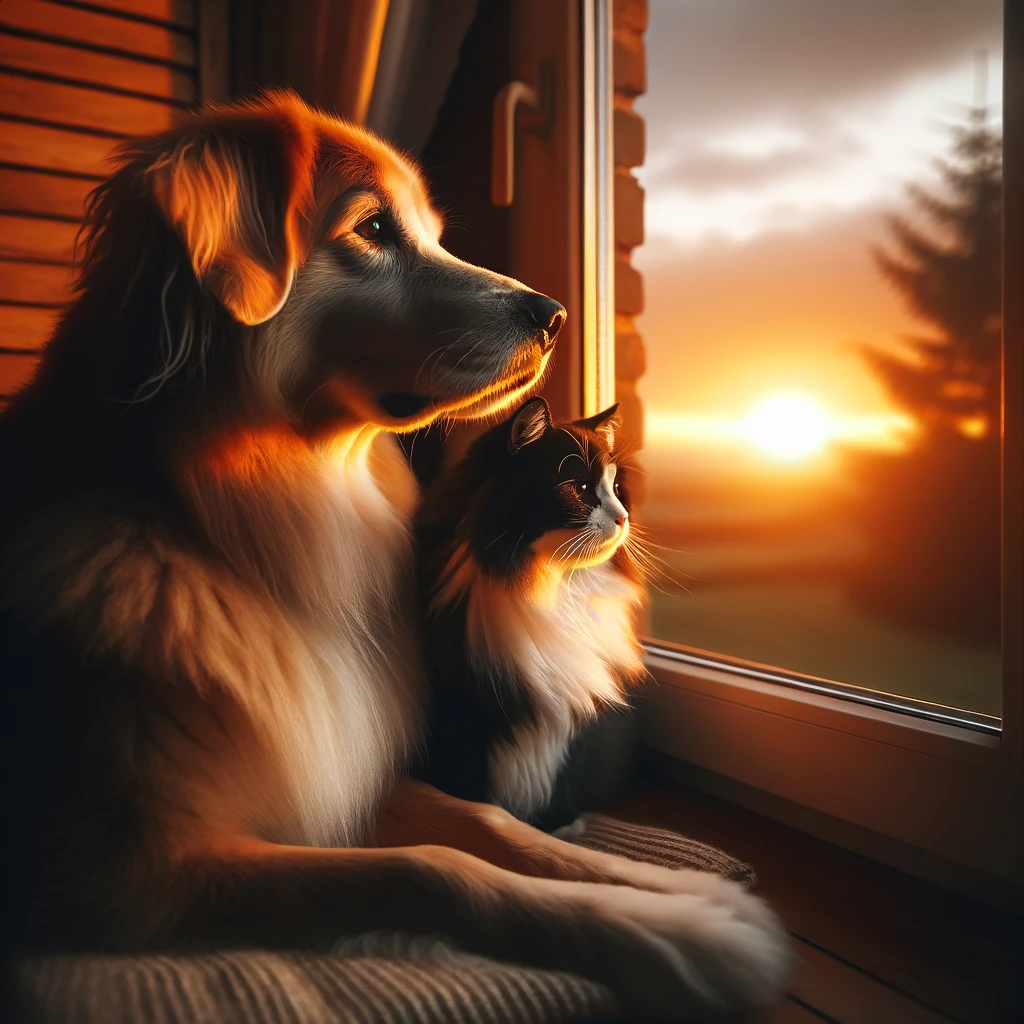 A-dog-and-a-cat-sitting-side-by-side-looking-out-a-window-at-the-sunset.-The-scene-captures-a-peaceful-and-contemplative-mood-symbolizing-the-emotio