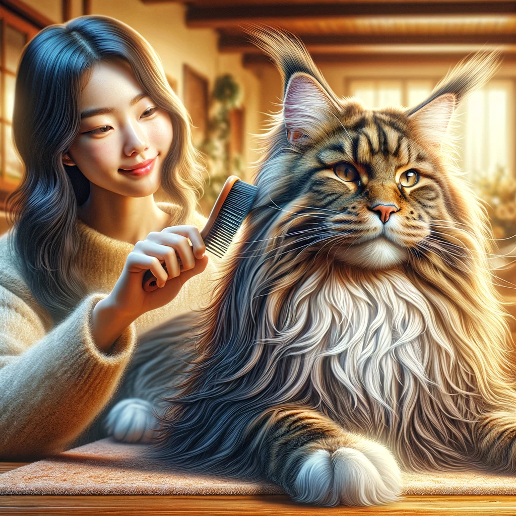 A Maine Coon Being Groomed: This painting depicts a young woman grooming her Maine Coon cat in a cozy home setting. The scene captures the cat enjoying a brushing session, highlighting the healthy skin and coat that characterizes this resilient breed.