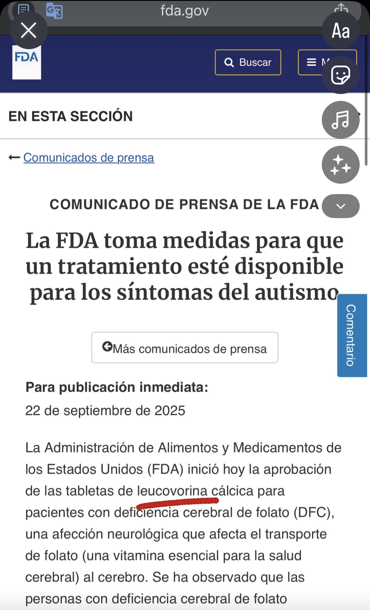 FDA recomienda leucovorina