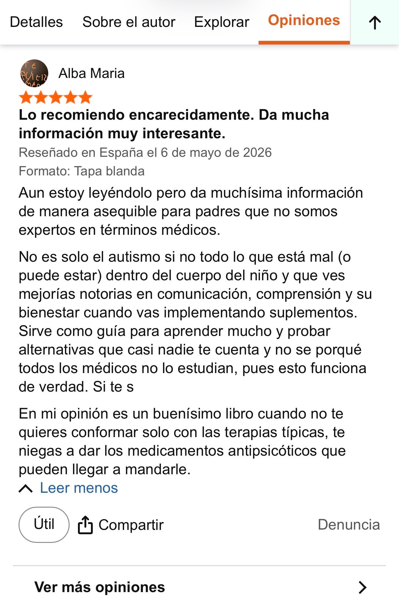 Reseña de un lector en Amazon sobre Nuevos Protocolos en Autismo