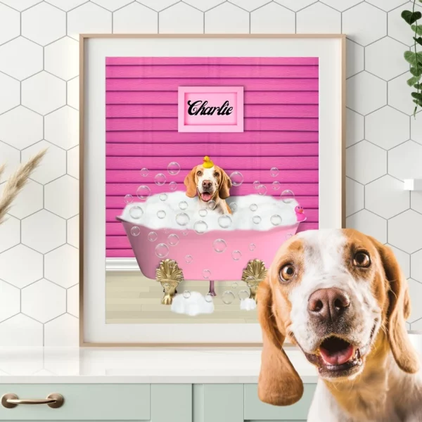 Custom pet portrait in a pink bathroom and a pink bathtub