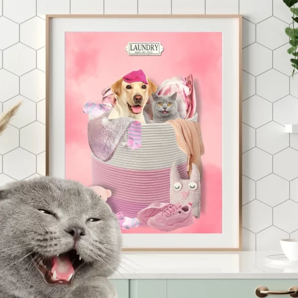 Funny anf happy pets, dog and cat inside tha laundry basket. Perfect for a gift.
