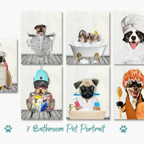 Set of 7 custom pet portraits designs in the bathroom. Funny and sweet for a gift.
