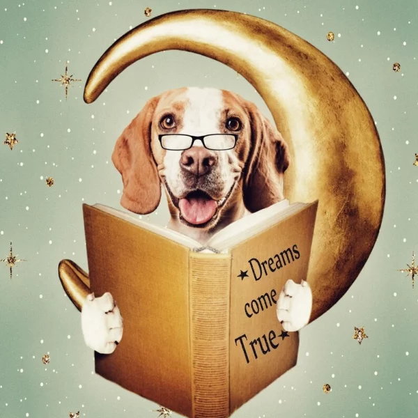 Sweet pet sittig on the Moon while reading a book