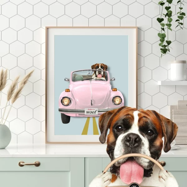 custom pet portrait driving a Beetle