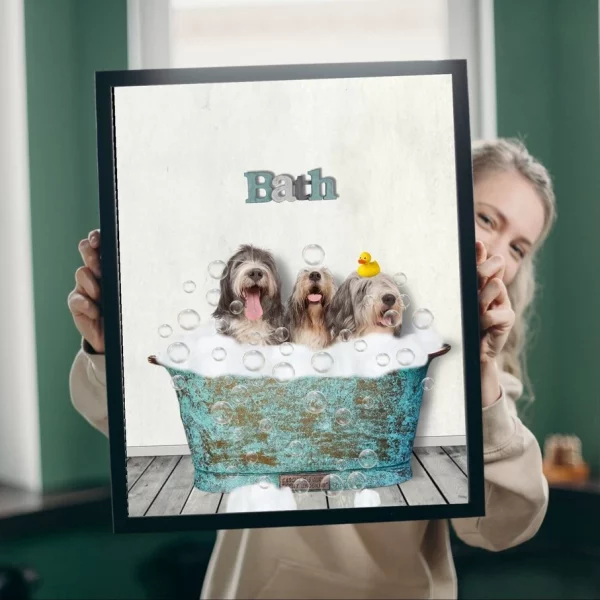 funny and sweet custom pet portrait of three pets in the bathtub