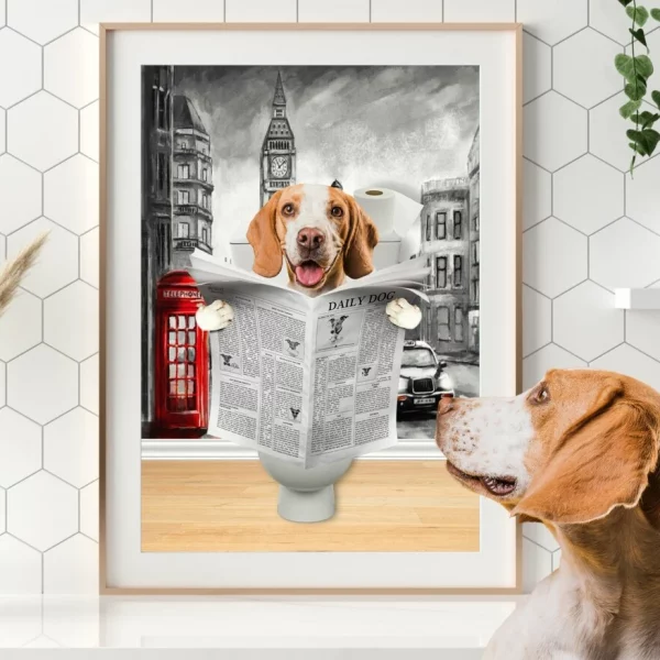 funny pet reading newspaper whith a London view behind